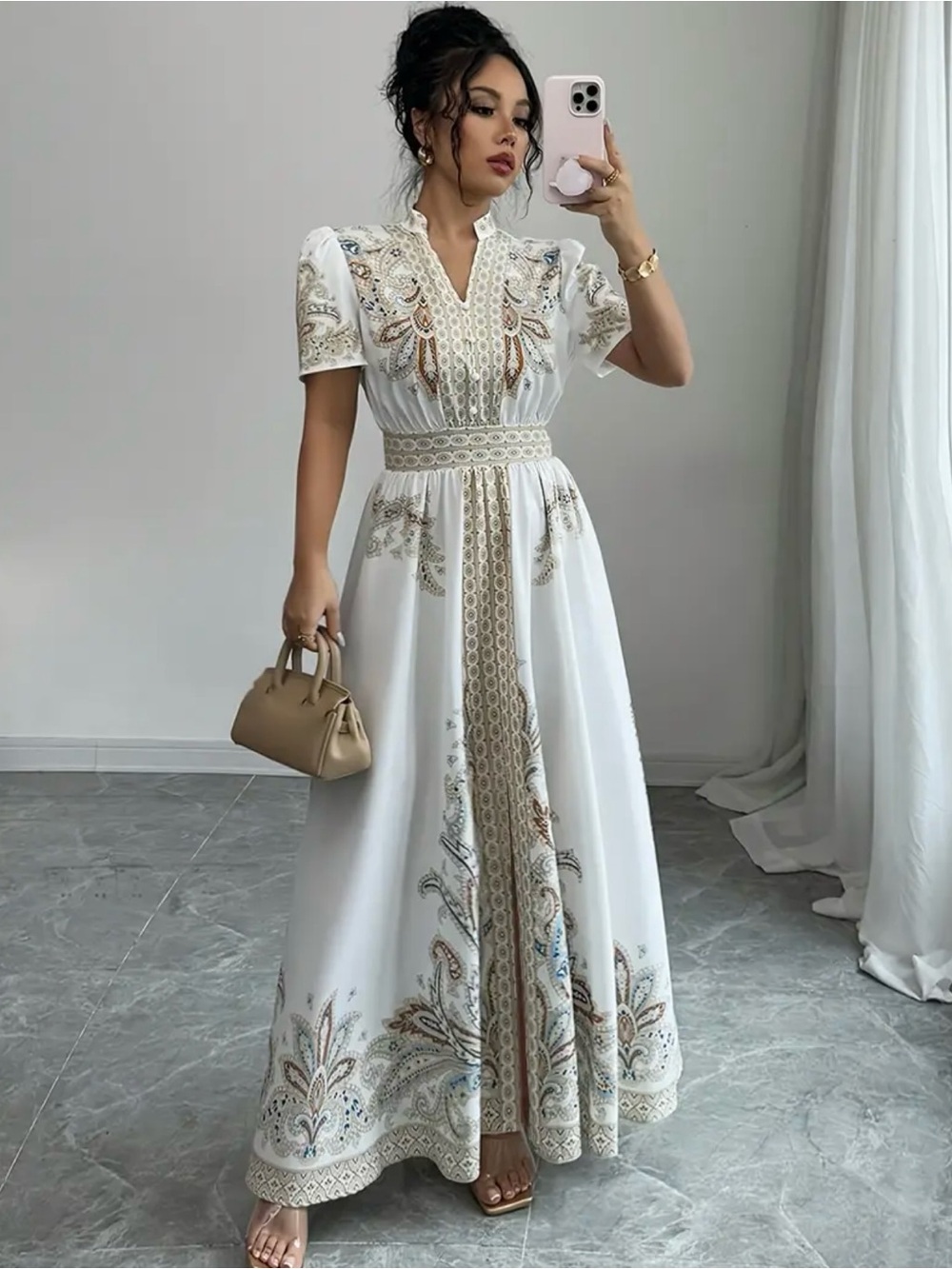White Embroidered Maxi Dress with Gold Trim